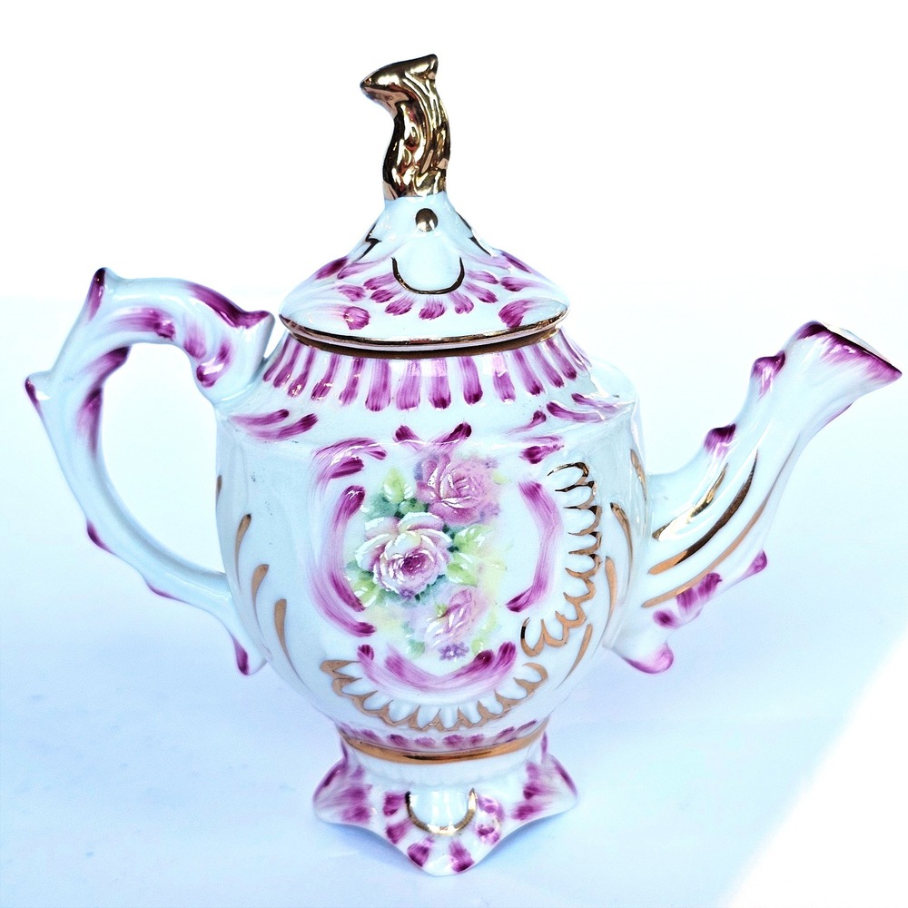 Mini Teapot Hand Painted Purple‎ Roses Gilded Porcelain 4.5" Cracker Barrel 1522